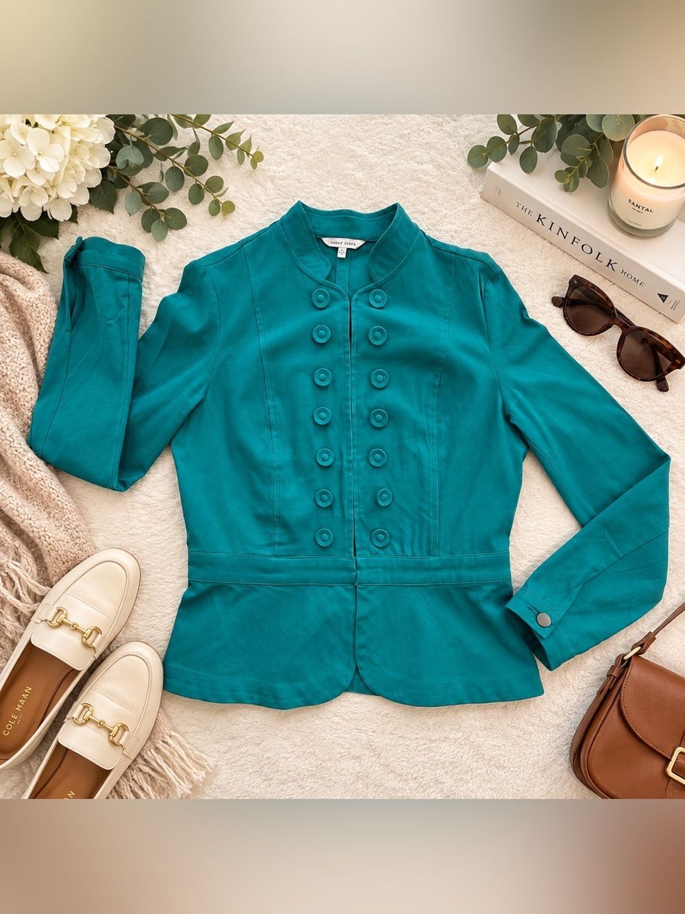 Naked Zebra Teal Button Front Jacket Blazer Cotton Stretch Size M